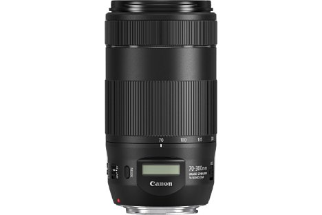 Bild Das digitale Display des Canon EF 70-300 mm f4-5.6 IS II USM zeigt nicht nur die eingestellte Entfernung, sondern auch die Schärfentiefe bei verschiedenen Blenden und die Brennweite im Kleinbildäquivalent an. [Foto: Canon]