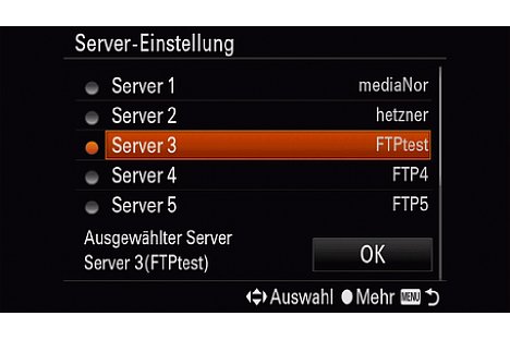 Bild Die FTP-Verbindung wurde unter Server 3 als FTPtest gespeichert. Nach dem Update auf die Firmware 4.01 lassen sich neun Speicherplätze für unterschiedliche FTP-Verbindungen belegen. [Foto: MediaNord]