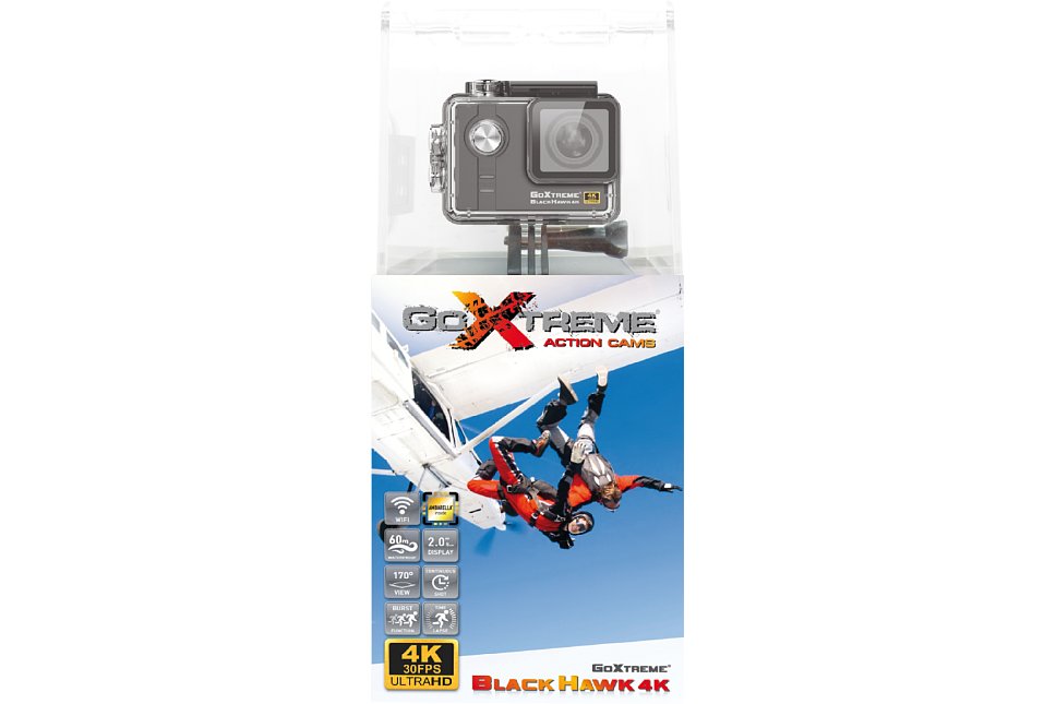 Bild Die Easypix GoXtreme Black Hawk 4K wird in einer bei Actioncams weit verbreiteten "Vitrinen-Verpackung" geliefert. GoPro hatte diese aufwendige Verpackungsart ursprünglich geprägt. [Foto: Easypix]