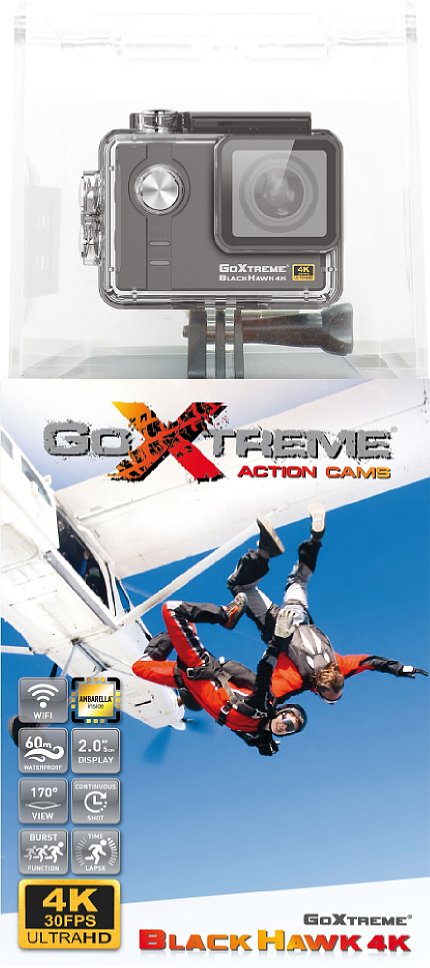 Bild Verkauft wird die Easypix GoXtreme Black Hawk 4K in einer bei Actioncams häufig anzutreffenden "Schneewittchensarg"-Verpackung. Nicht praktisch und mit viel Verpackungsmüll – sieht aber beim Händler schickt aus. [Foto: Easypix]