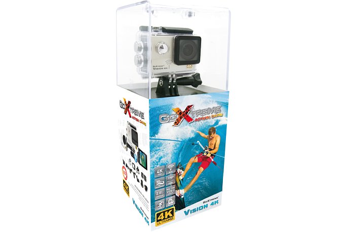 Bild Die Easypix GoXtreme Vision 4K Ultra HD kommt, wie viele andere Actioncams, in einer recht aufwändigen Vitrinenverpackung in den Handel. [Foto: Easypix ]
