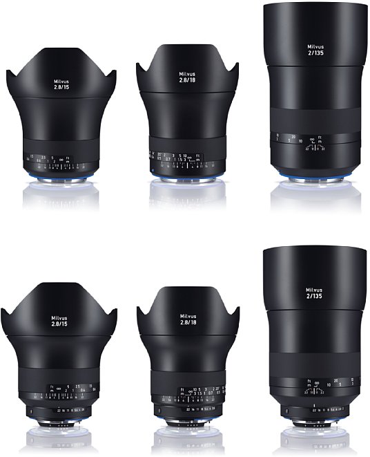 Bild Die drei neuen Zeiss Milvus Objektive 2.8/15, 2.8/18 und 2/135 mit Canon-Anschluss (obere Reihe) und Nikon-Anschluss (untere Reihe). [Foto: Zeiss]