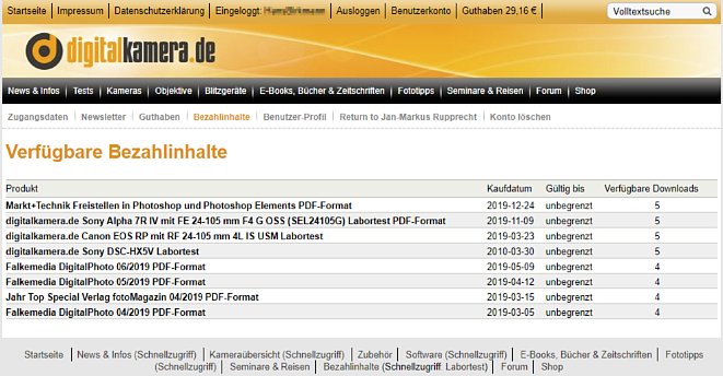 Bild digitalkamera.de-Benutzerkonto mit Liste der Bezahlinhalte. Die zweite Zeile zeigt einen Labortest, der schon direkt als PDF gekauft wurde. Der Labortest in der dritten Zeile wurde vor der Umstellung gekauft. Auch dieser Link führt nun zum neuen PDF. [Foto: MediaNord]