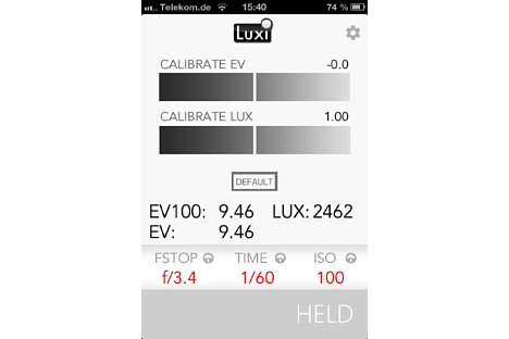Bild Die Luxi Benutzeroberfläche zeigt neben den großen Reglern zur Kalibrierung auch die Messwerte und errechneten Kameraeinstellungen. [Foto: MediaNord]