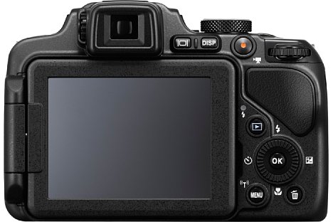 Bild Auf der Rückseite verfügt die Nikon Coolpix P600 über einen elektronischen Sucher mit 201.000 Bildpunkten sowie einen 921.000 Bildpunkte auflösenden 7,5cm-Bildschirm. [Foto: Nikon]