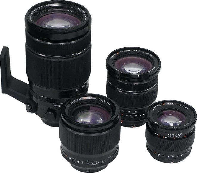Bild Fujifilm Objektiv Mock-Ups für 2015, von links nach rechts: 4-5.6/140-400mm, 2.0/90mm, 2.8/16-55mm und 1.4/16mm. [Foto: MediaNord]
