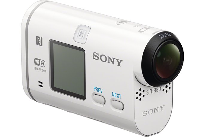 Bild Die Bedienseite der Sony HDR-AS100V mit dem Status-Display und den beiden Tasten. Die dritte Taste zur Bedienung ist die Aufnahmetaste auf der Rückseite. [Foto: Sony]