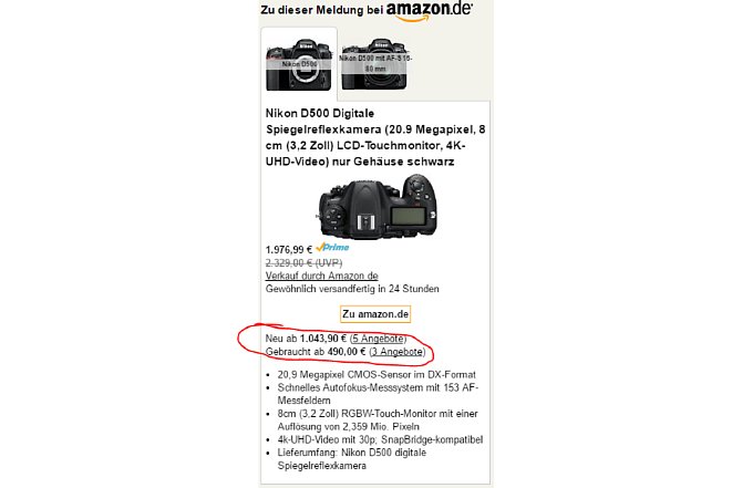 Bild Screenshot vom 05.10.2016: Das Nikon D500 Gehäuse zum halben Preis oder gebraucht für unter 500 Euro. Solche Lock-Angeboten schalten sich bei einigen Käufern offenbar den gesunden Menschenverstand aus, sonst könnte der Betrug nicht funktionieren. [Foto: MediaNord]