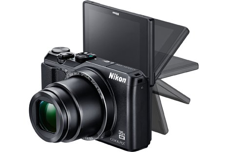 Bild Der 7,5-cm-Bildschirm der Nikon Coolpix A900 löst mit 921.000 Bildpunkten sehr fein auf, lässt sich im Gegensatz zum Vorgängermodell S9900 aber nur noch klappen und nicht mehr schwenken und drehen. [Foto: Nikon]