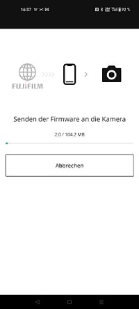 Bild Fujifilm XApp – Firmwareupdate Schritt 3: Übertragen auf die Kamera. [Foto: MediaNord]
