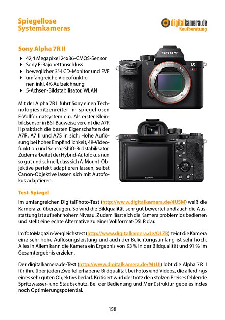 Bild digitalkamera.de Kaufberatung Spiegellose Systemkameras März 2016, Kapitel "Marktübersicht" (Seite 158). [Foto: MediaNord]