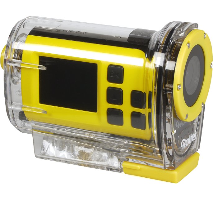 Bild Rollei S-30 WiFi in gelber Farbvariante im Unterwassergehäuse. Das Schutzgehäuse ist bis 10 Meter wasserdicht und hat an der Unterseite ein Standard-Stativgewinde. [Foto: MediaNord]