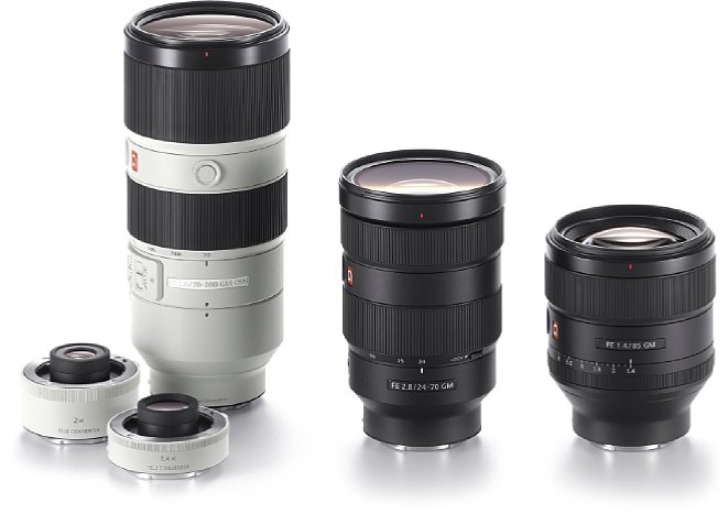 Bild Die neue "G Master" Premium Objektivserie von Sony soll neue optische Maßstäbe setzen. Das FE 70-200 mm F2.8 GM OSS mitsamt zwei Telekonvertern, das FE 24-70 mm F2.8 GM und das FE 85 mm F1.4 GM sind die ersten Vertreter der neuen Art. [Foto: Sony]