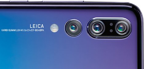 Bild Die Huawei P20 Pro Triple-Kamera, von Links nach Rechts: 27 mm F1,6 20 Megapixel Monochrom-Kamera, 27 mm F1,8 40 Megapixel Farbkamera, 80 mm F2,4 acht Megapixel Tele-Kamera. [Foto: Huawei]