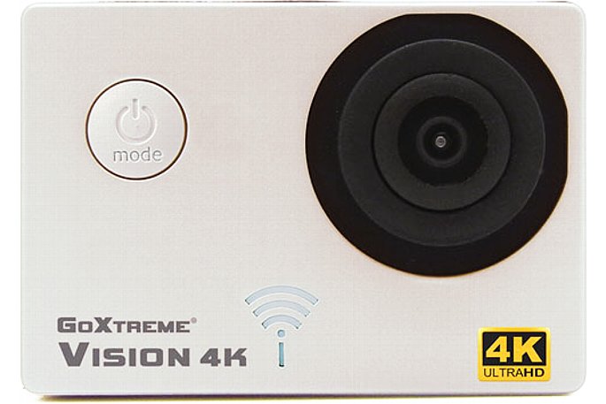 Bild Die Front der Easypix GoXtreme Vision 4K Ultra HD Actioncam mit dem Ein/Aus-Schalter, der Kontroll-Leuchte (im WiFi-Symbol) und dem Objektiv mit 170 Grad Bilddiagonale. [Foto: Easypix ]
