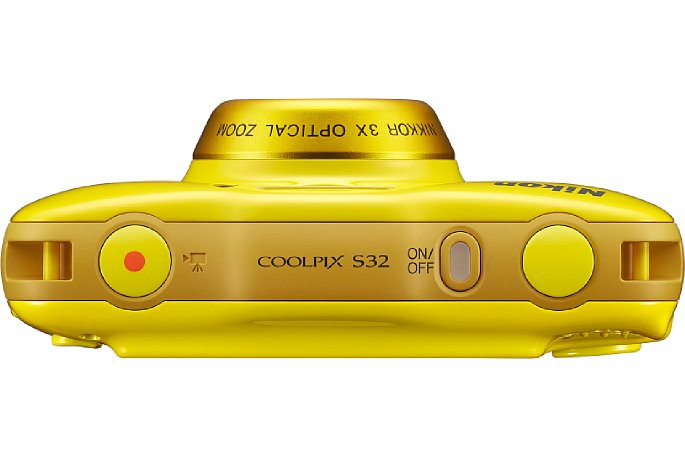 Bild Oben auf der Nikon Coolpix S32 gibt es den Ein/Aus-Schalter mit Kontrollleuchte sowie jeweils einen Auslöser für Video und Foto. [Foto: Nikon]