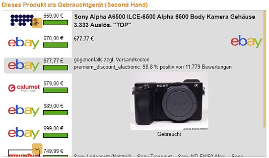 Bild digitalkamera.de-Gebrauchtgeräte-Widget Sony Alpha 6500 mit Angeboten von eBay. [Foto: MediaNord]