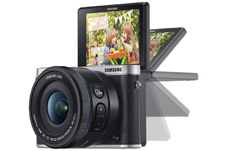 Bild Der drei Zoll (7,5 Zentimeter) große Bildschirm der Samsung NX3000 lässt sich um 180 Grad nach oben klappen, was bodennahe Aufnahmen sowie Selfies erleichtert. [Foto: Samsung]