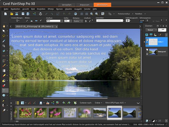 Bild PaintShop Pro X8 zeigt Text innerhalb von Formen oder Auswahlen, hier innerhalb einer Lasso-Auswahl. [Foto: Heico Neumeyer]