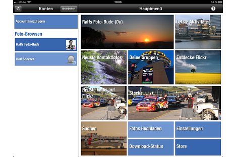 Bild Auf dem Startbildschirm sind alle wichtigen Elemente von Flickr übersichtlich angeordnet. Mit einem Klick auf Einstellungen kann die App den individuellen Bedürfnissen angepasst werden. [Foto: Ralf Spoerer]