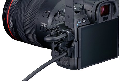 Bild Die Canon EOS R5 verfügt über einen Mikrofonein- und Kopfhörerausgang, eine Micro-HDMI-Schnittstelle für externe 4K-Videoaufzeichnung und eine USB-C-Schnittstelle mit Dauerstromversorgung. [Foto: Canon]