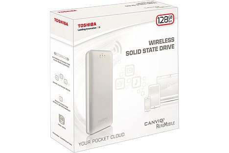 Bild Toshiba Canvio AeroMobile Wireless SSD gibt es vorläufig nur als 128GB-Version, aber die Tatsache, dass die Verpackung neutral ist und die Beschriftung "128 GB" per Aufkleber draufgeklebt wird, macht Hoffnung auf zukünftige größere Versionen. [Foto: Toshiba]