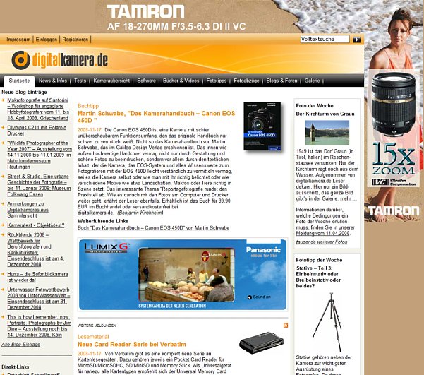 Bild Die aktuelle, orangene Farbgebung und das aktuelle digitalkamera.de-Logo gibt es seit 2007. Hier ein Screenshot von Ende 2008. Damals waren so genannte Wallpaper-Werbeformate, wie hier von Tamron, äußerst populär. [Foto: MediaNord]