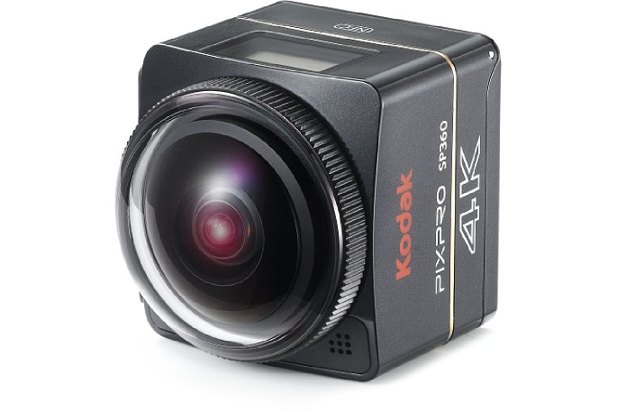 Bild Das komplett in schwarz gehaltene Gehäuse der Kodak Pixpro SP360-4K ziert ein großer 4K-Schriftzug. In dieser stehenden Stellung nimmt die Kamera 4K-Videos im üblichen 16:9-Seitenverhältnis mit 3840 x 2160 Pixel auf (8,3 Megapixel). [Foto: JK Imaging]