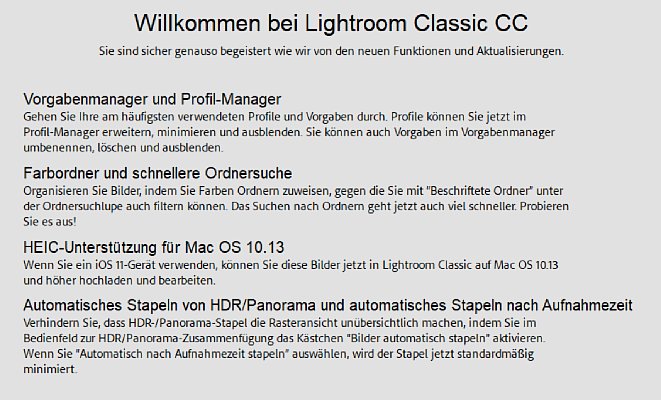 Bild Hinweis-Bildschirm beim ersten Start von Adobe Lightroom Classic CC 7.4. [Foto: Adobe, Screenshot: MediaNord]