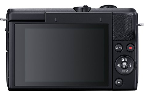 Bild Die Rückseite der Canon EOS M200 wird fast komplett vom nach oben kippbaren Touchscreen eingenommen. Bedienelemente gibt es dagegen nur wenige. [Foto: Canon]
