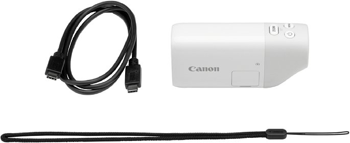 Bild Der Lieferumfang der Canon PowerShot Zoom ist mit Handschlaufe und USB-C-Kabel sehr übersichtlich. [Foto: Canon]