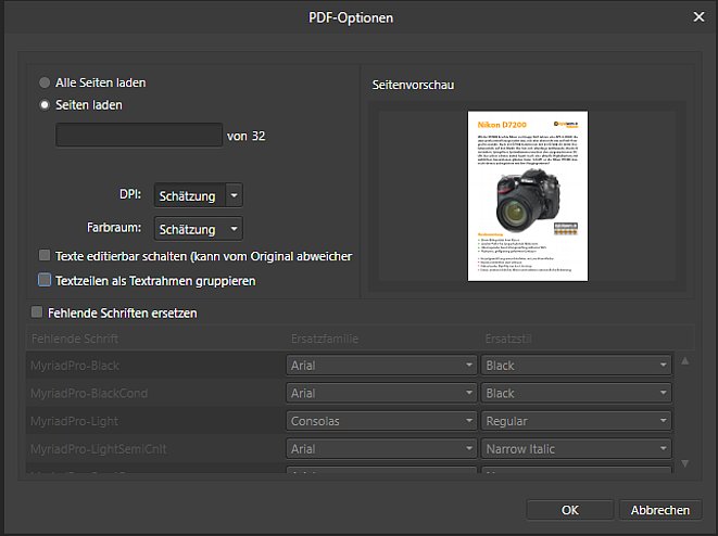 Bild Während des PDF Imports von Affinity Photo können verschiedene Einstellungen vorgenommen werden, wie zum Beispiel die Definition von Ersatz-Schriftarten. [Foto: Medianord]
