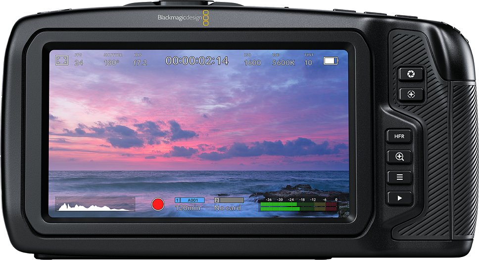 Bild Blackmagic Pocket Cinema Camera 4K: Durch den Rahmen um den 5-Zoll-FullHD-Touchscreen kann man den Eindruck bekommen, dass man den Monitor abklappen könne – was aber leider nicht der Fall ist. [Foto: Blackmagic]