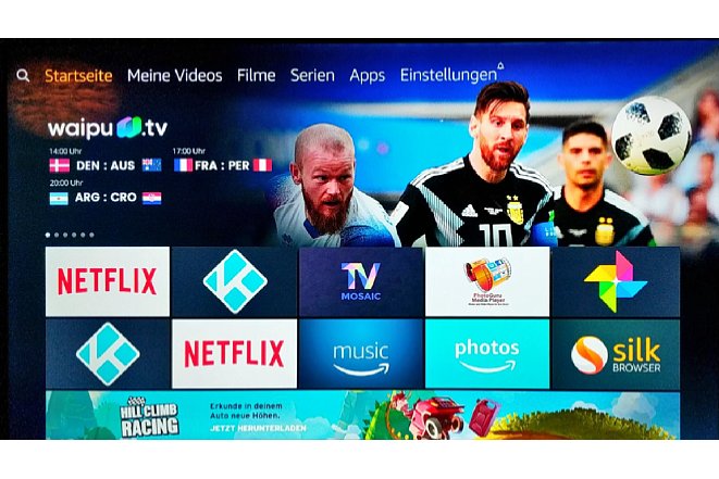 Bild Startseite des FireTV-Betriebssystems. Amazon Prime Video ist direkt integriert. Für alles andere startet man eine App. Die Bedienung erfolgt über die mitgelieferte Bluetooth-Fernbedienung und ist wirklich einfach. [Foto: MediaNord]