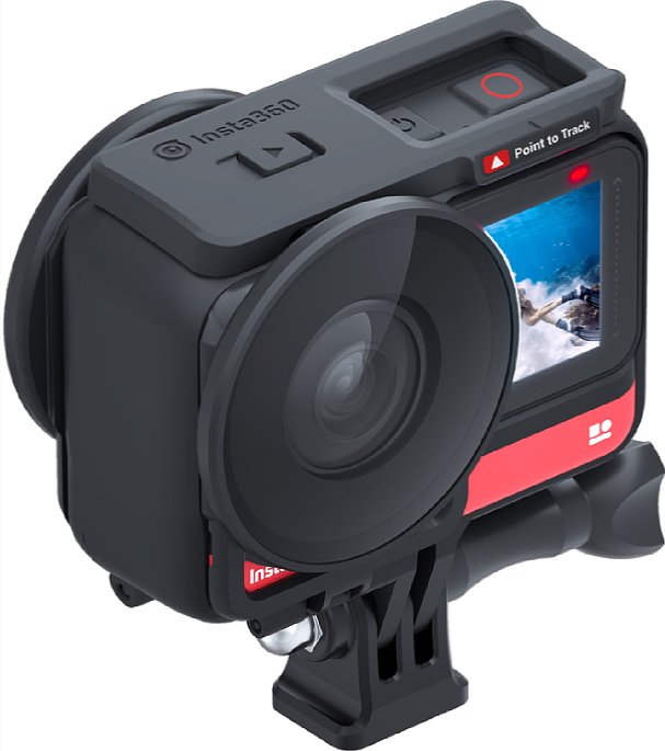 Bild Insta360 One R mit Dual Lens 360 Modul im Halterahmen und aufgeklipsten Linsenabdeckungen. Die beiden Tasten der Kamera werden im Halterahmen wiederholt, liegen dennoch recht tief in der Verschlussklammer. [Foto: Insta360]