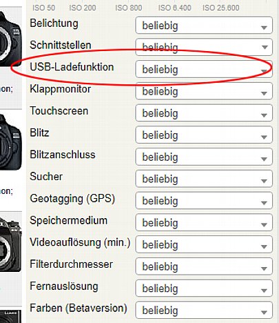 Bild Suchfilter für die USB-Ladefunktion in der digitalkamera.de-Kamerasuche. [Foto: MediaNord]