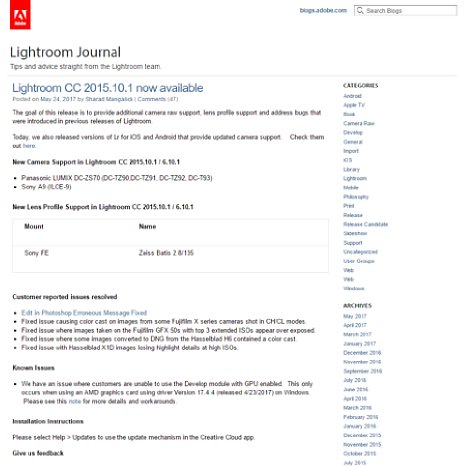 Bild Das schmucklose, aber gut gepflegte Blog 'Lightroom Journal' (nur in englisch) informiert präzise über alle Versions-Updates von Lightroom. [Foto: MediaNord/Adobe]