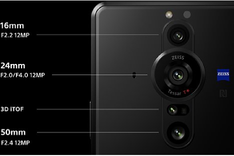 Bild Das Kamerasetup des Sony Xperia Pro-I umfasst drei Kameras unterschiedlicher Brennweite und einen Tiefensensor zur Überstützung des Autofokus. [Foto: Sony]