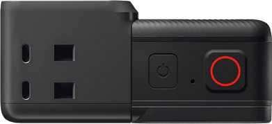 Bild Die Insta360 ONE RS mit 4K-Boost-Kamera von oben. Links erkennt man die Halte-Nuten, in die der Akku einschnappt, wenn man das Kameramodul in Selfie-Stellung verwendet. [Foto: Insta360]