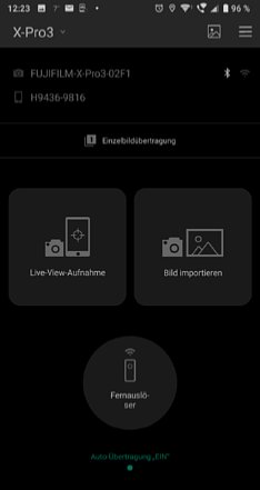 Bild In der Funktionsauswahl in der Fujifilm Camera Remote App kann man wählen, ob eine Live-View-Aufnahme gemacht werden soll, ob man Foto übertragen oder die Kamera fernauslösen möchte. [Foto: MediaNord                              ]