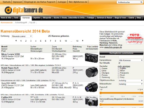 Bild Die digitalkamera.de-Kameraübersicht 2014 Beta enthält zahlreiche neue Suchoptionen. Viele Parameter werden komfortabel über Schieberegler eingestellt. Das Suchergebnis aktualisiert sich sofort nach jeder Aktion. [Foto: MediaNord]