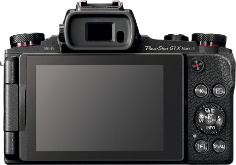 Bild Die Canon PowerShot G1 X Mark III besitzt sowohl einen elektronischen Sucher, als auch einen Touchscreen, der sich drehen und schwenken und damit auch zum Schutz verkehrt herum anklappen lässt. [Foto: Canon]