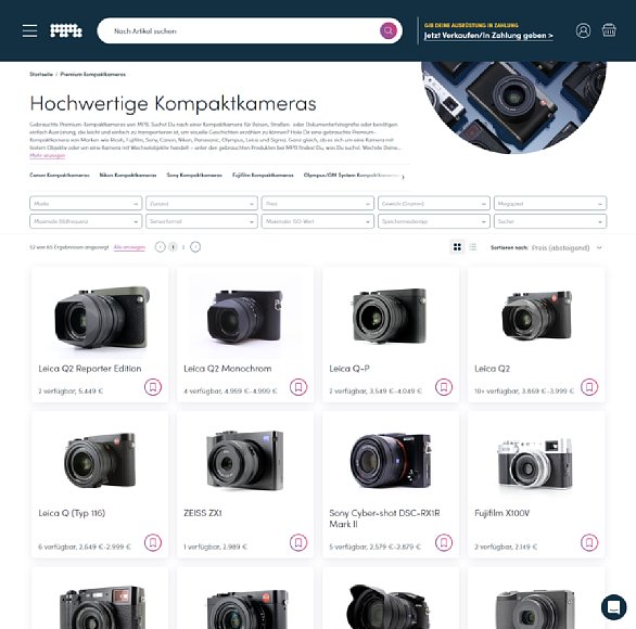 Bild Hochwertige gebrauchte Kompaktkameras auf der Website von MPB. [Foto: MPB; Screenshot: MediaNord]