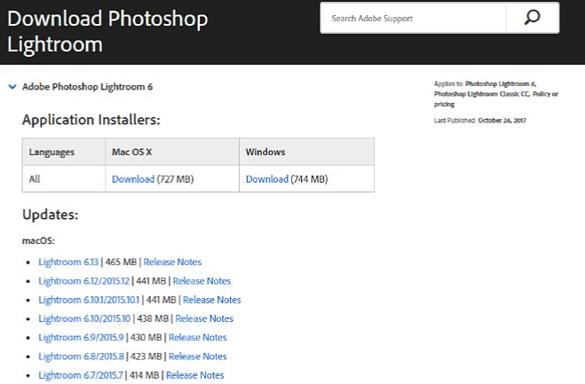 Bild Klicken Sie auf den kleinen blauen Pfeil neben der Überschrift "Adobe Photoshop Lightroom 6" um diese Sektion aufzuklappen. Dann sehen Sie die "Application Installers" (Lightroom 6.0) und die Patches, von denen Sie nur den neuesten brauchen. [Foto: MediaNord (Screenshot)]