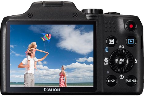 Bild Auf der Rückseite der Canon PowerShot SX170 IS bleibt es beim drei Zoll großen Bildschirm mit der etwas mageren Auflösung von lediglich 230.000 Bildpunkten. [Foto: Canon]