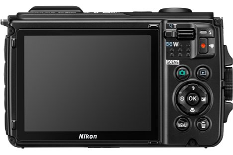 Bild Nikon Coolpix W300 Rückseite mit 7,5 cm (3 Zoll) großem Monitor mit 921.000 Bildpunkten. [Foto: Nikon]