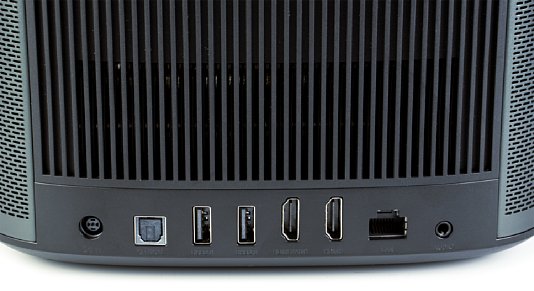 Bild Die Anschlüsse des Xgimi Horizon Pro, von links: Netzteil, SPDIF (optischer Ton-Ausgang), 2 x USB, 2 x HDMI, Netzwerk (RJ45), Kopfhörer/Ton (3,5mm-Klinke). [Foto: MediaNord]