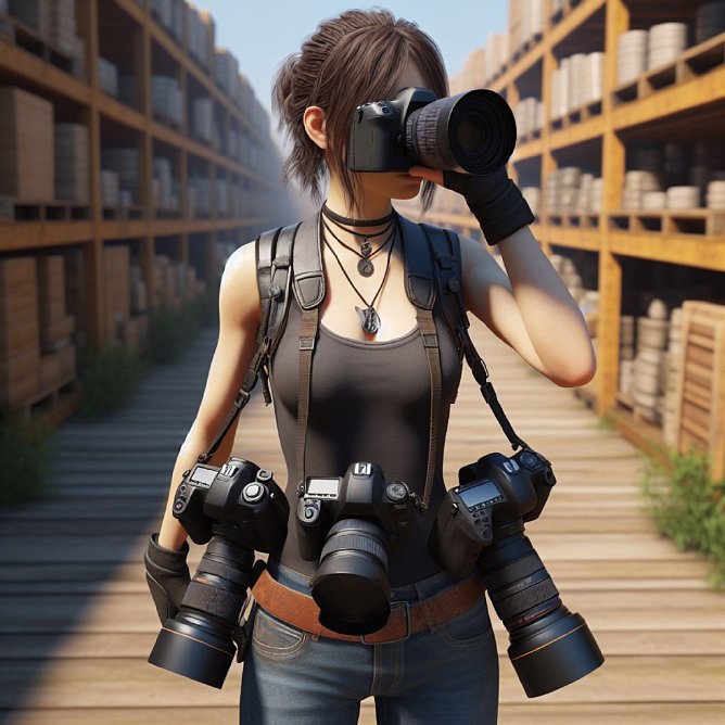 Bild Hier einmal im "Lara Croft Stil" (nicht explizit bestellt). Das ist aus der "vier Kameras" Anweisung das einzige Bild mit vier Kameras. Das Bild wirkt insgesamt aber eher gemalt und weniger fotorealistisch als die anderen. [Foto: MediaNord, mit KI generiert (Microsoft Copilot)]