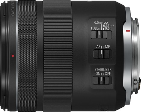 Bild Das Canon RF 85 mm F2 Macro IS STM besitzt nicht nur einen AF-MF-Schalter und einen Fokusring, sondern auch einen Funktionsring, einen Fokuslimiter und sogar einen optischen Bildstabilisator. [Foto: Canon]