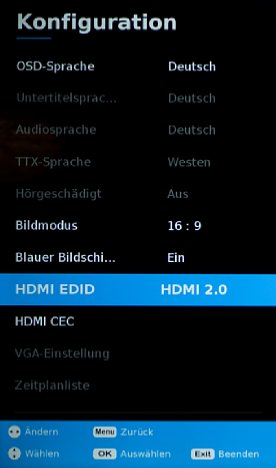 Bild Falls die HDMI-Eingänge standardmäßig auf HDMI 1.4 eingestellt sind (wie bei unserem Testgerät von Medion), sollten diese auf HDMI 2.0 umgestellt werden, damit angeschlossene Signalquellen nicht begrenzt werden. [Foto: MediaNord]